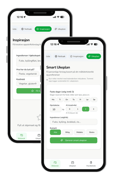 AI-inspirasjon og smart ukeplan skjermbilder